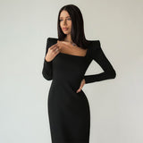 Women Dress Spring Square Collar Long Sleeve Dress Elegant Slim Fit Long Dress