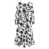 Women Date Dress Autumn Winter Sexy Long Sleeve V-neck Lantern Sleeve Backless Floral Long Tie Dress