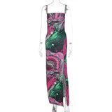 Women Dresses Autumn Printed Slim Fit Slit Backless Sling Dress