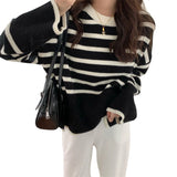 Women Knitwear Autumn Winter Retro Striped round Neck Sweater Loose Sweater