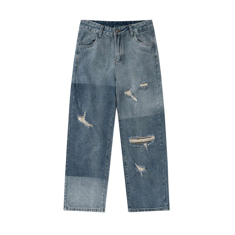 Men Jeans Vintage Distressed Color Block Water Washed Hole Straight Jeans