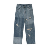 Men Jeans Vintage Distressed Color Block Water Washed Hole Straight Jeans