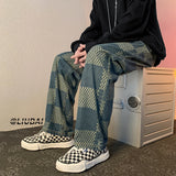 Men Jeans Chessboard Plaid Jeans Autumn Straight Wide-Leg Pants Retro Loose Trousers