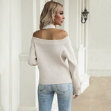 Women Knitted Sweater Autumn Knitted Pullover Solid Color Hollow out Shoulder-Baring Sweater