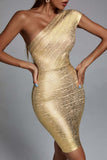 Women Evening Dress Bronzing Dress Bandage Sexy Backless One-Shoulder Hip Skirt