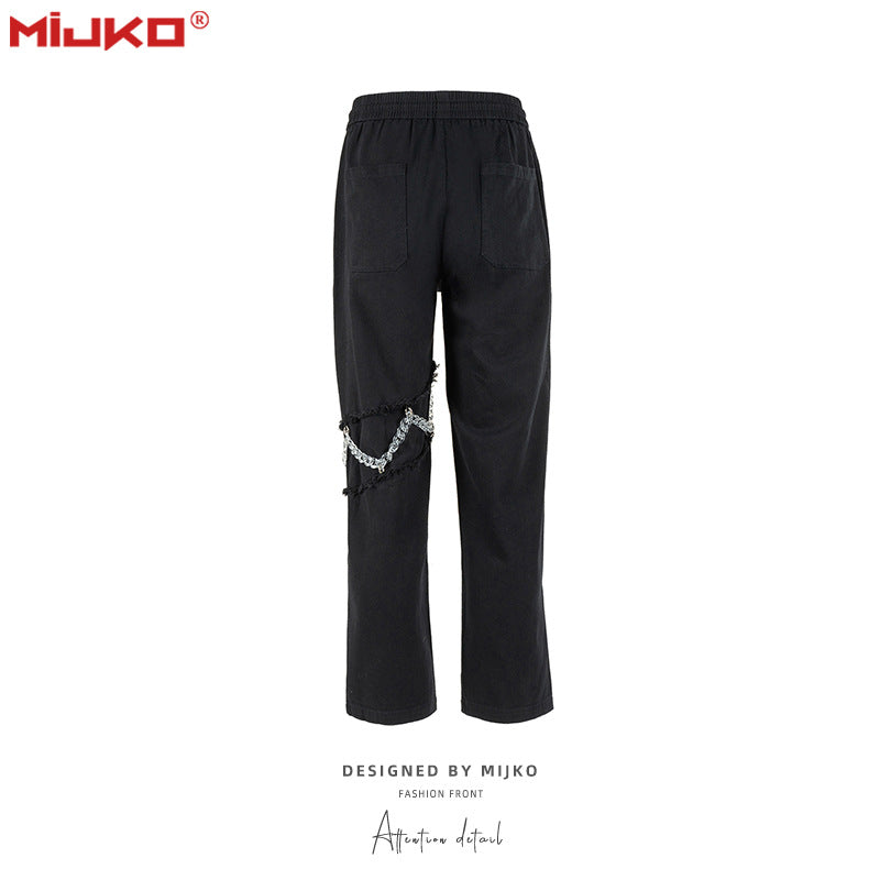 MIJKO Mens Vintage Pants Chain Embellished Drawstring Casual Bootcut Pants