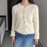 Women Cardigan Sweater Spring Alpaca Fleece/Fiber Cardigan Jacket Long-Sleeved round Neck Sweater Cardigan D2366