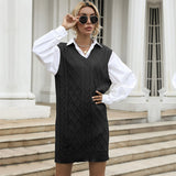 Women Knitted Sweater Autumn Solid Color and V-neck Vest Type Vest Knitted Sweater Dress