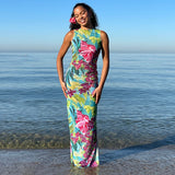 Women Dresses Summer Casual Backless Floral Print Slim Fit Dress (Bla0420)