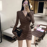 Women Dresses V-neck Dress Long Sleeve Hip Skirt Skirt