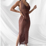 Women Knit Beach Cover Beach Casual Solid Color Knitted Spaghetti Straps Knitted Dress