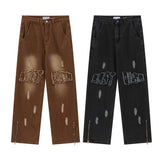 Men Jeans Embroidered Patch Distressed Trousers Vintage Straight Jeans