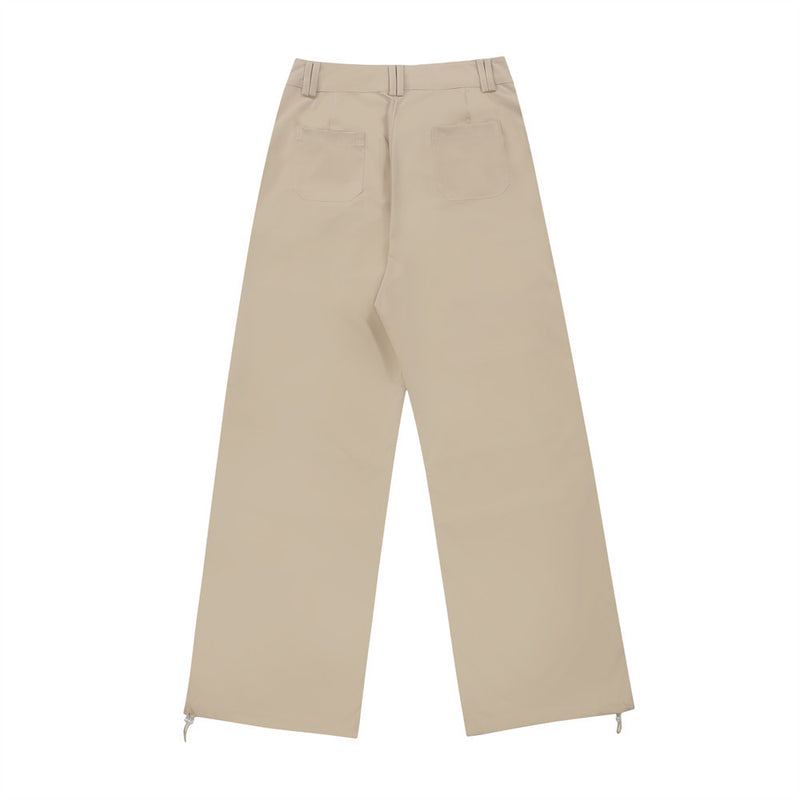 Women Pants Overalls Pocket Pleated Straight Casual Pants Drawstring Ankle-Tied Trousers