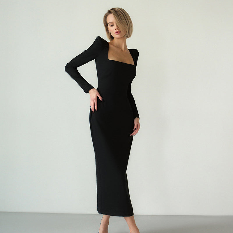 Women Dress Spring Square Collar Long Sleeve Dress Elegant Slim Fit Long Dress