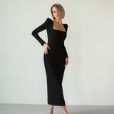 Women Dress Spring Square Collar Long Sleeve Dress Elegant Slim Fit Long Dress