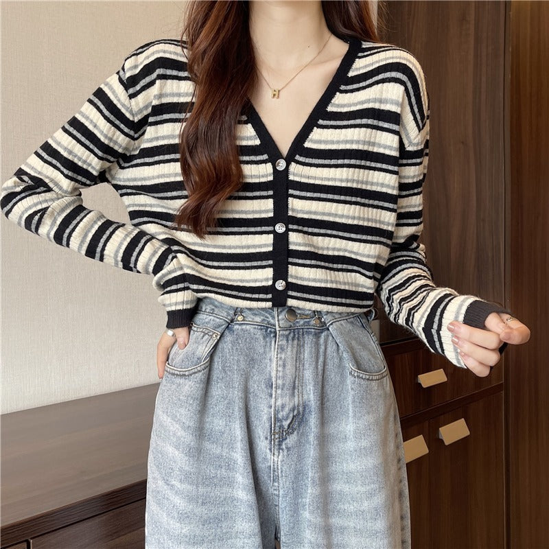 Women Knitwear Autumn Winter Retro Striped V-neck Sweaters Cardigan
