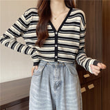 Women Knitwear Autumn Winter Retro Striped V-neck Sweaters Cardigan