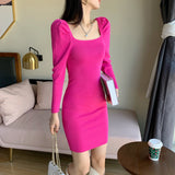 Women Maxi Dress Fall/Winter Square Collar Puff Sleeve Hip Knitwear Dress