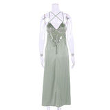 Women Dress Sexy Green Satin V-neck Strap Dress