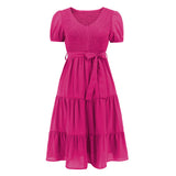 Women Date Dress V-neck Pleated Lace-up Dress