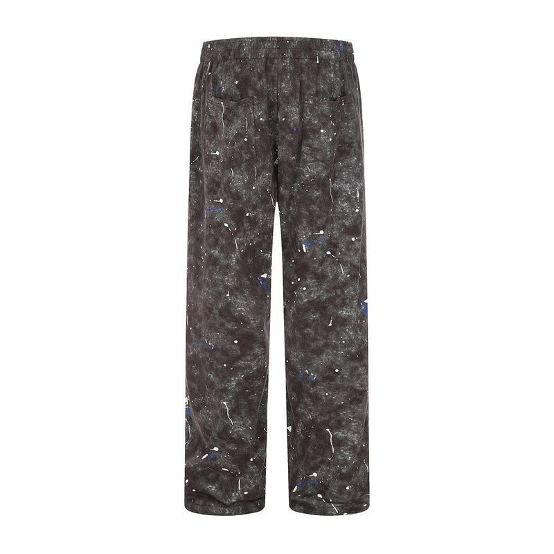Men Sweatpants Distressed Splash-Ink Casual Pants Loose Cargo Drawstring Straight-Leg Pants Trousers