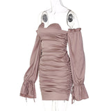 Women Dresses Autumn Winter Sexy off-the-Shoulder Lantern Sleeve Ruffle Hip Dress (Bla0420)