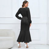 Women Date Dress V-neck Fishtail Skirt Elegant High Waist Evening Long Dress