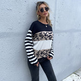 Women Knitted Sweater Loose round Neck Pullover Black and White Leopard Print Sweater