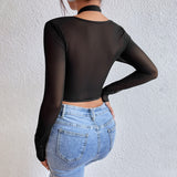 Women Party Tops Long-Sleeved T-shirt Steel Ring Fishbone Waist Top