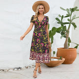 Women Date Dress Floral Dress Short Sleeve V-neck Bohemian A- line Skirt