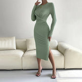 Women Dress round Neck Slim Fit Hip-Wrapped Mid-Length Dress Long Sleeve Dress