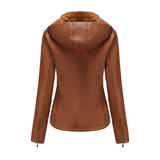 Red Leather Jacket Fall Winter Hooded Leather Women's Detachable Hat Long-Sleeve Zipper Fleece-Lined Wallet