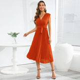 Women Date Dress Summer V-neck Pleated Sleeveless Waist Dress