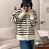 Women Knitwear Autumn and Winter Striped Lapel Double Zipper Sweater Coat Knitted Cardigan