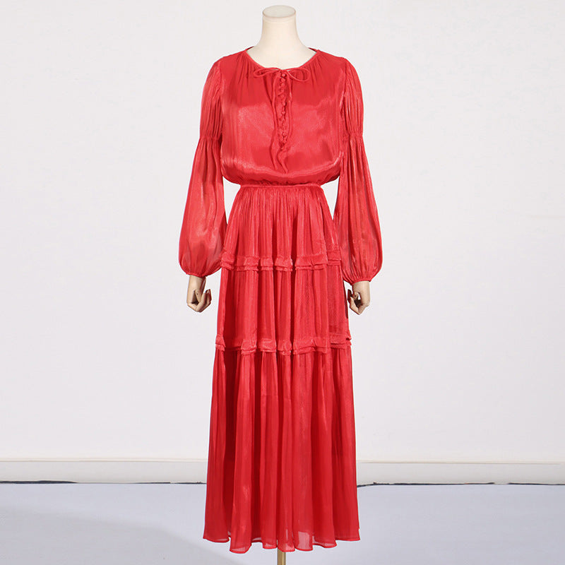 Women Dresses Vintage Spring round Neck Lantern Sleeve Dress (Qymy0409)