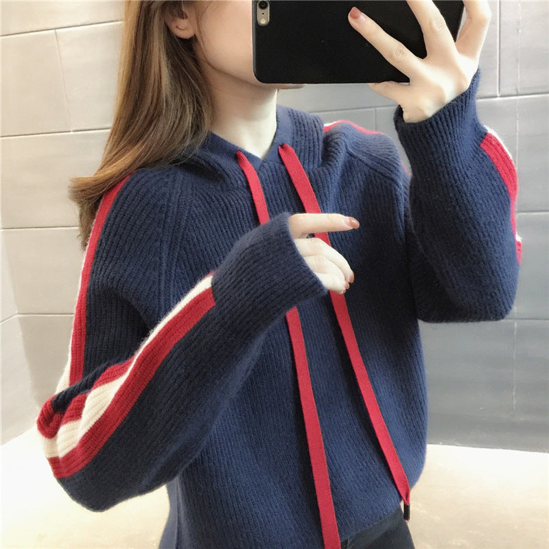 Women Knitwear Autumn and Winter Hooded Pullover Sweater Loose Casual Sweater