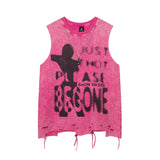 Men Vest Letter Graffiti Washed Make Old Ripped Sleeveless T-shirt