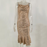 Women Evening Gown Sexy Backless Retro Spaghetti Straps Sequins Dress