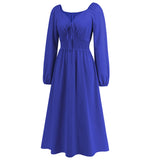 Women Date Dress Slim-Fit Long Sleeve V-neck Lace-up A- line Dress Lantern Sleeve Dress