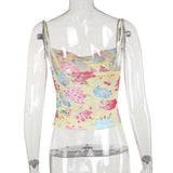 Women Tops Summer Slim Fit Vest Sexy Straps Tulle Printed Top