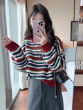 Women Knitted Pullover Stripes Autumn and Winter round Neck Loose Crop Top