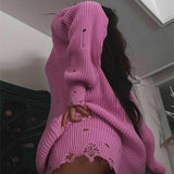 Ladies Leisure Knitwear Loose Solid Color Ripped Sweater round Neck Pullover Long Sleeve Sweater