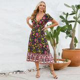 Women Date Dress Floral Dress Short Sleeve V-neck Bohemian A- line Skirt