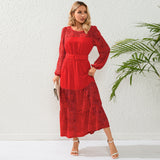 Women Date Dress Autumn Winter Sexy Long Sleeve round Neck Lace Long Dress Dress