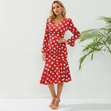 Women Date Dress Autumn and Winter Dress Sexy V-neck Polka Dot Printing Long-Sleeved Fishtail Dress