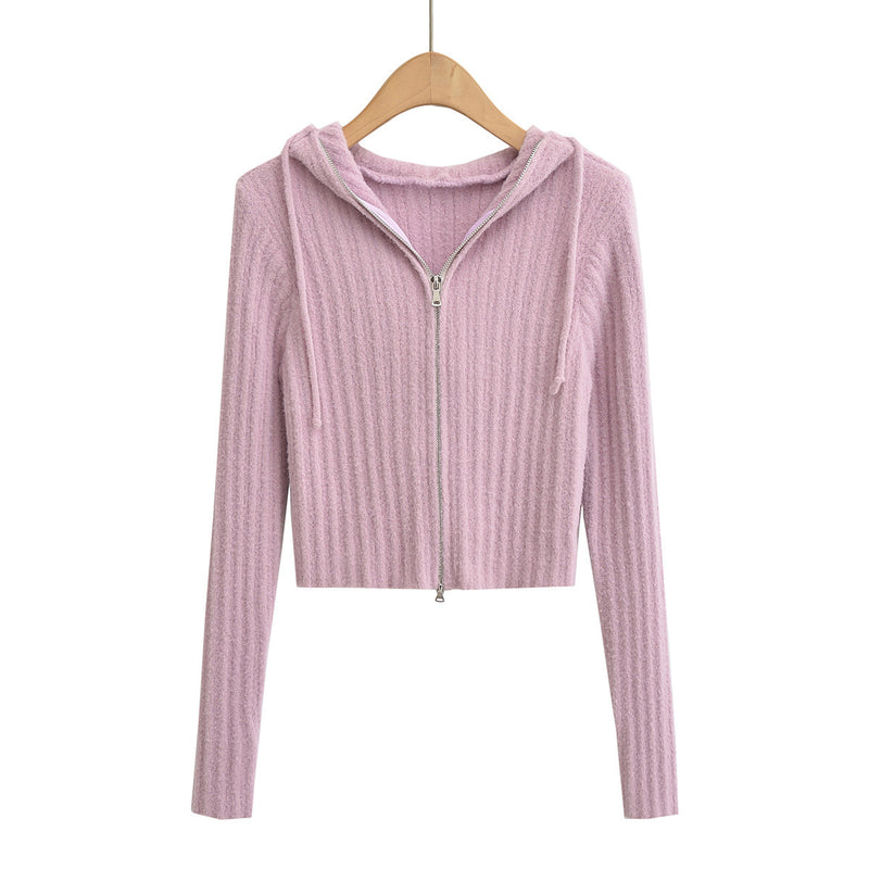 Women Sweater Knitwear Mohair Hooded Knit Cardigan Female Fall/Winter Slim Zipper Long Sleeve Sweater Coat