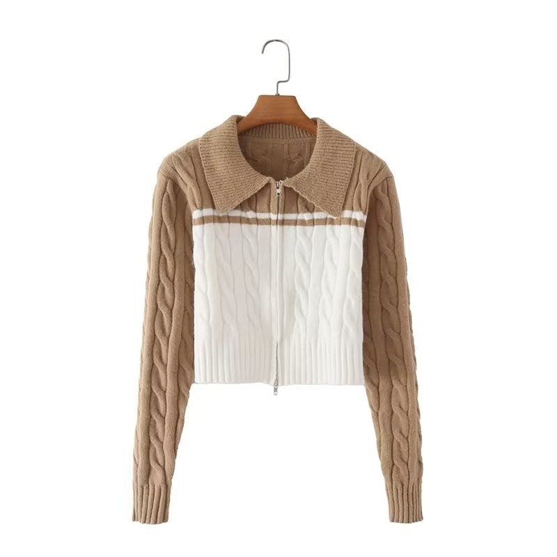 Women Sweater Knitwear Sweater Coat Women's Cardigan Autumn Pattern Contrast Color Zipper Long Sleeve Top