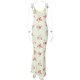 Women Dresse Vintage Long Dress Flower Printed V-neck Suspender Skirt