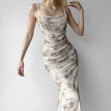 Women Dresses Summer Vintage Rose Printed Mesh Camisole Dress (Bla0420)