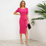 Women Date Dress round Neck Pleated Lace Dress